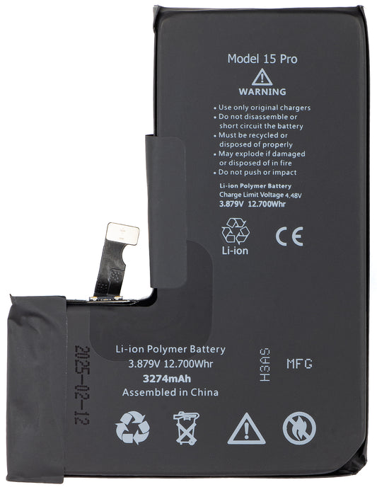 Apple iPhone 15 Pro batteri med Flex BMS integration (kræver ikke lodning af kontakter)