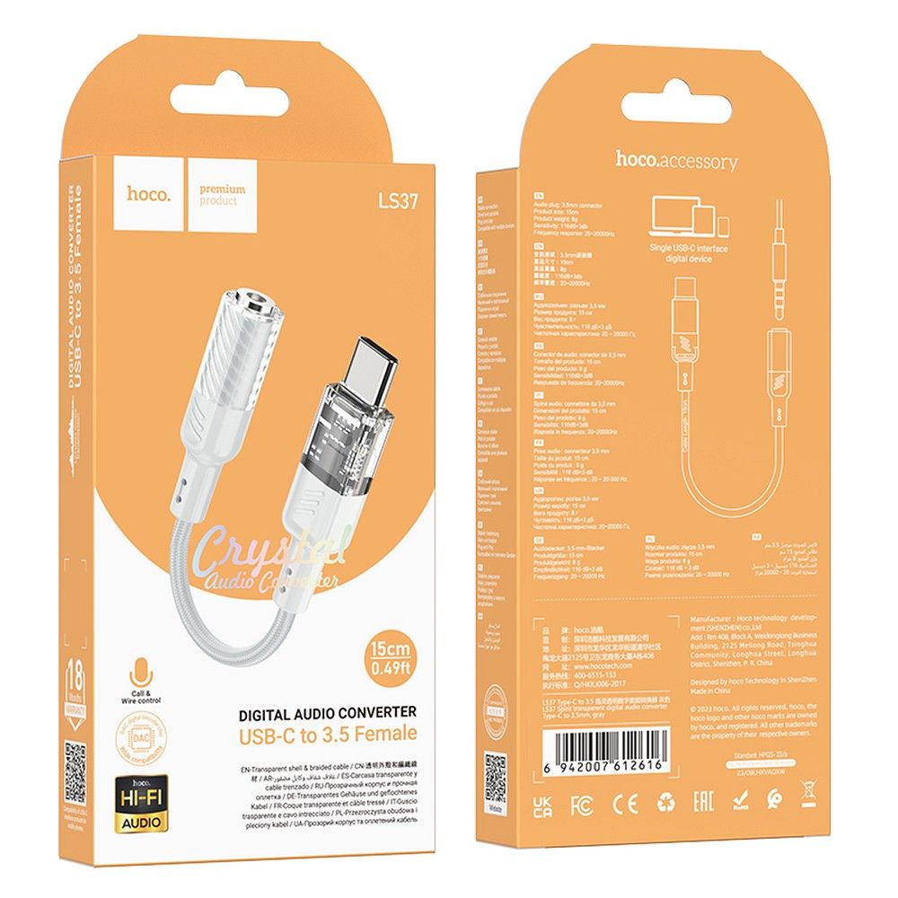 Audioadapter USB-C - 3.5mm HOCO LS37, Grå