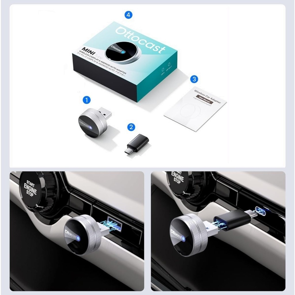 Trådløs Carplay / Android Auto-adapter Ottocast Mini Slim Tube til Apple iPhone / Android-serien CP88-T4