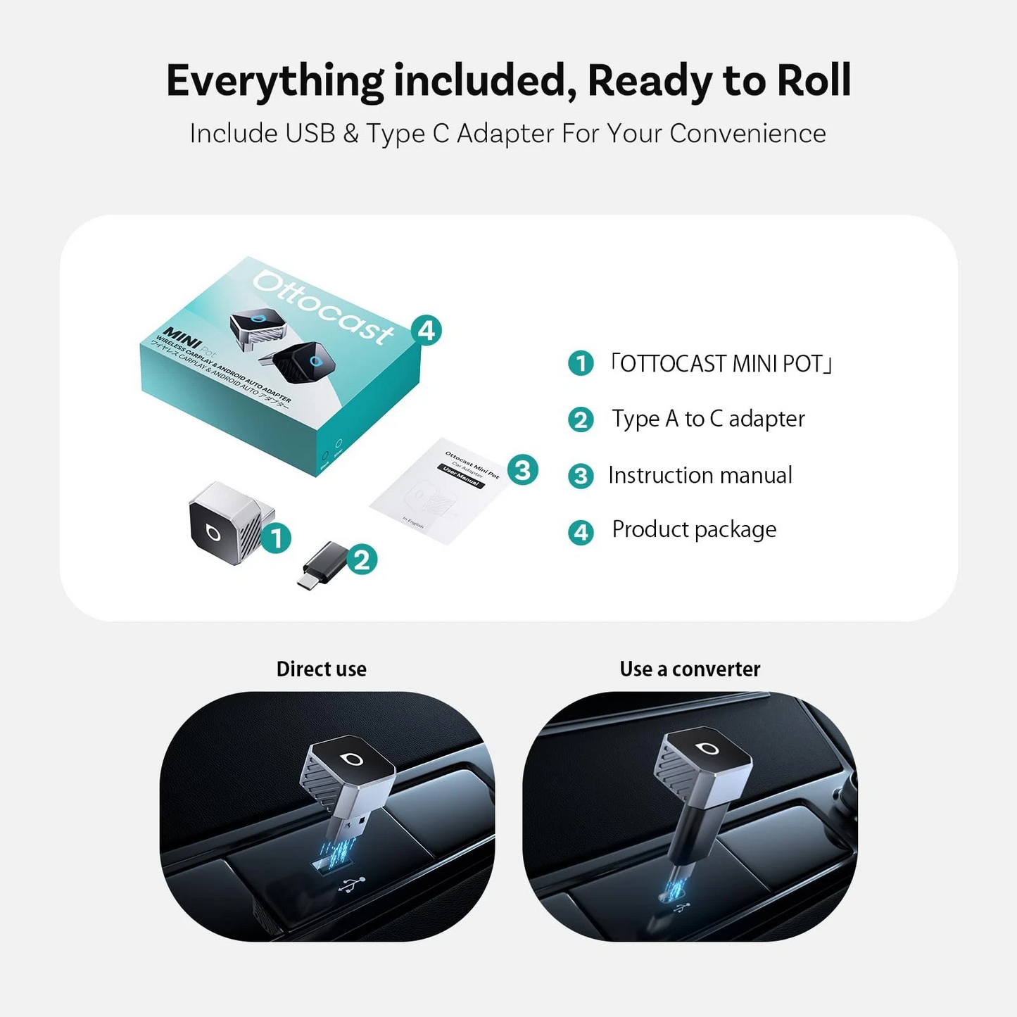 Trådløs Carplay / Android Auto-adapter Ottocast Mini Cube Style C til Apple iPhone / Android-serien CP88-T3