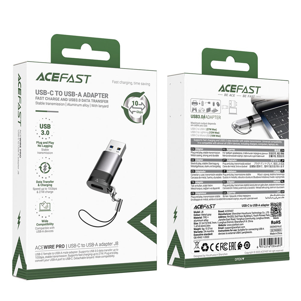 USB-C - USB-A Acefast J8 Data- og Opladningsadapter, Grå