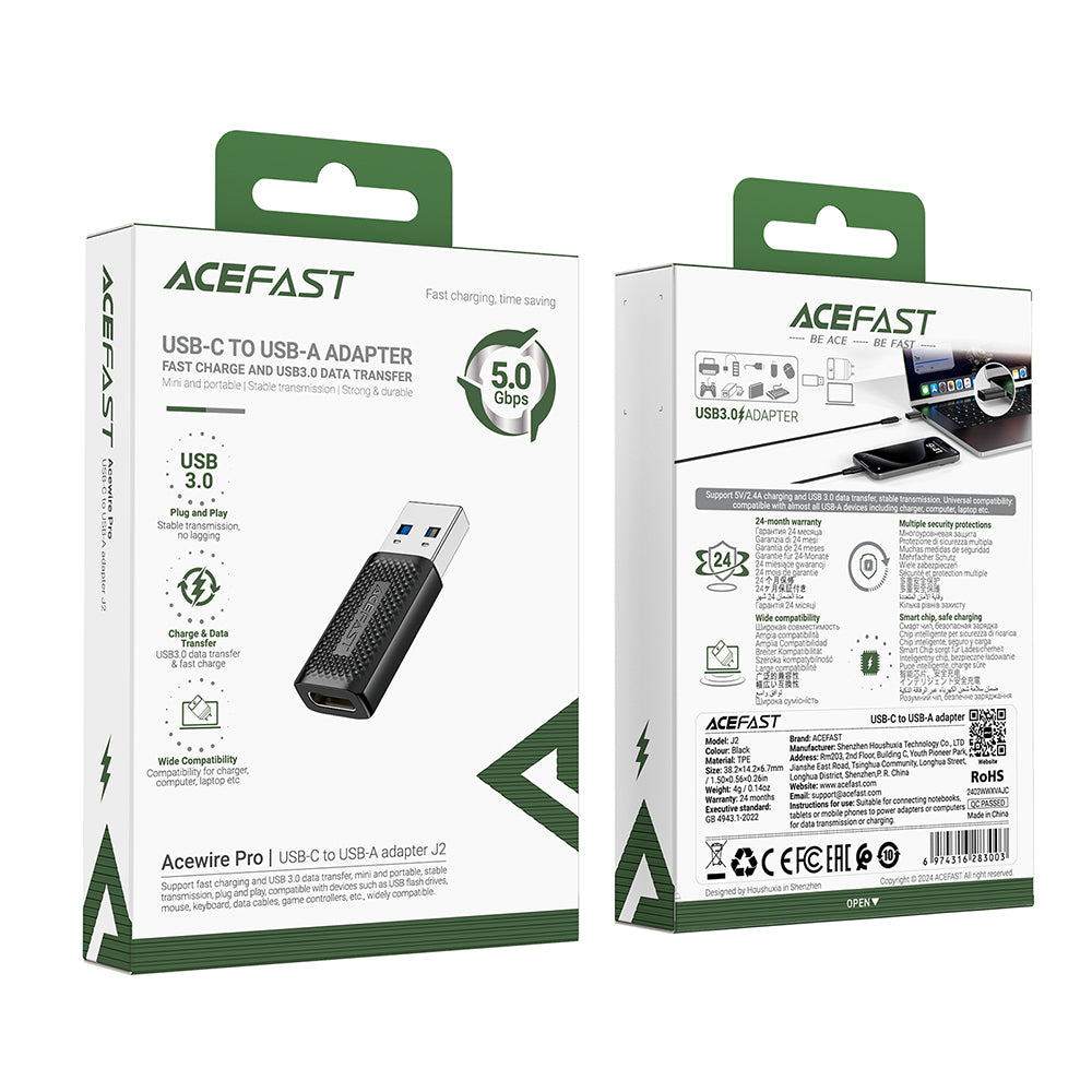 Data- og Opladningsadapter USB-C til USB-A Acefast J2, Sort