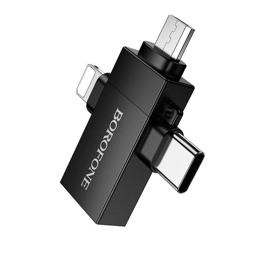 OTG-adapter Lightning / microUSB / USB-C - USB-A Borofone BV26D, Sort