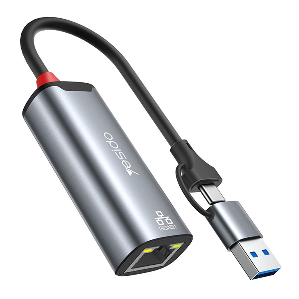 Netværkskort Yesido HB26, RJ45, USB / USB-C, Grå