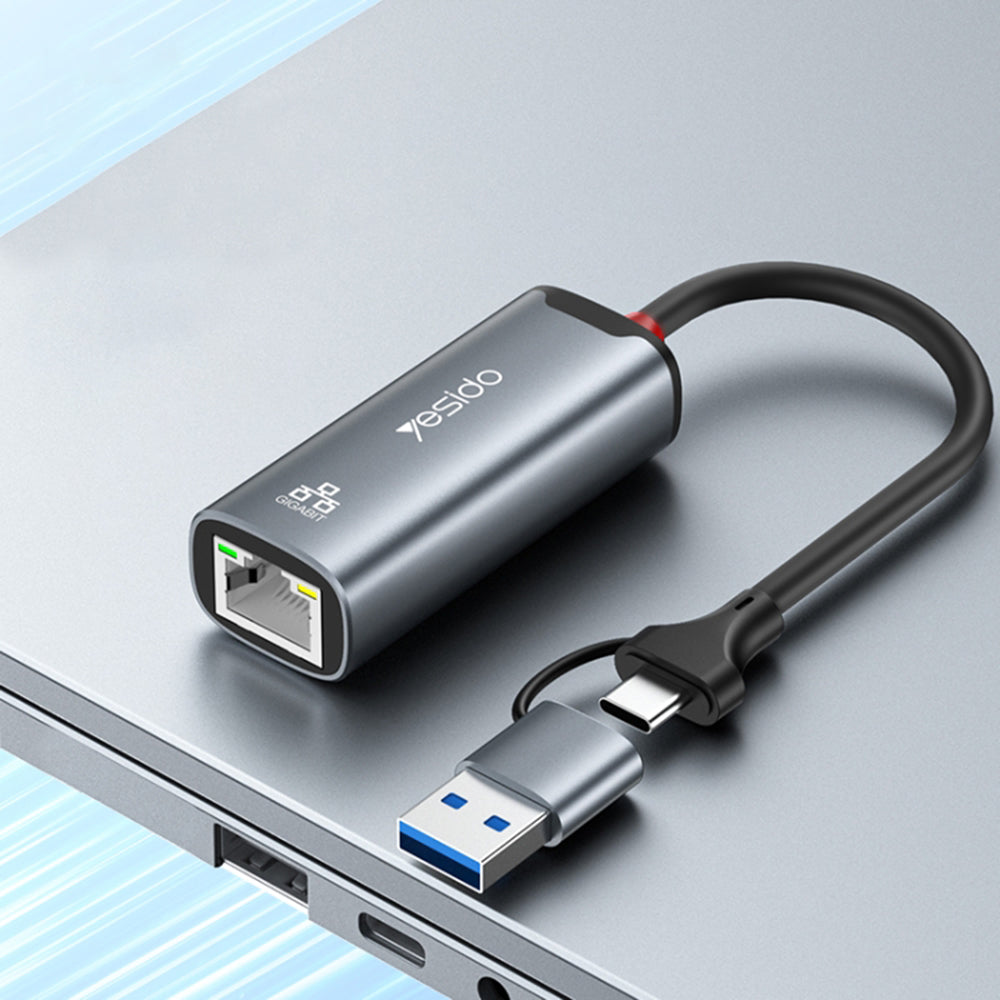 Netværkskort Yesido HB26, RJ45, USB / USB-C, Grå