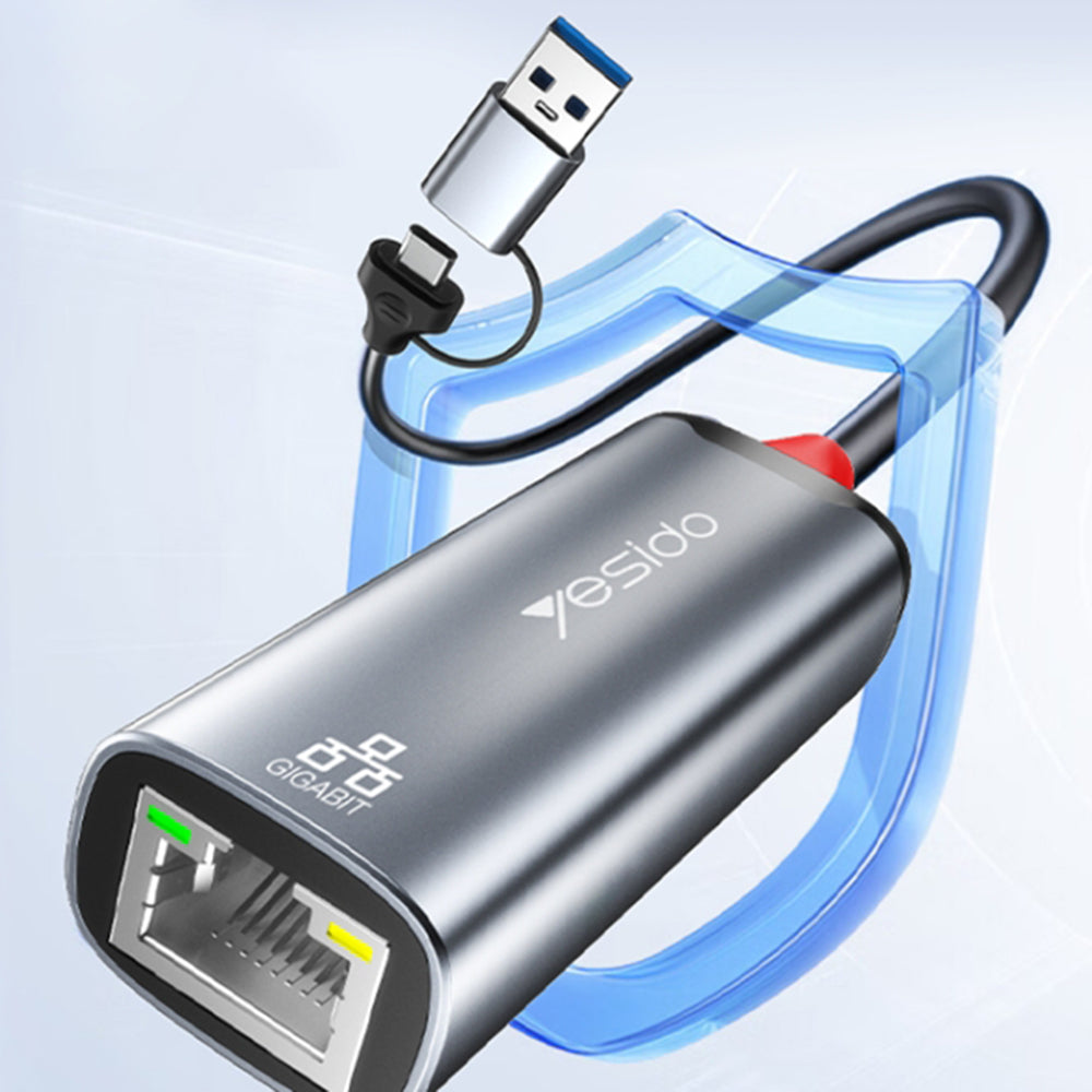 Netværkskort Yesido HB26, RJ45, USB / USB-C, Grå