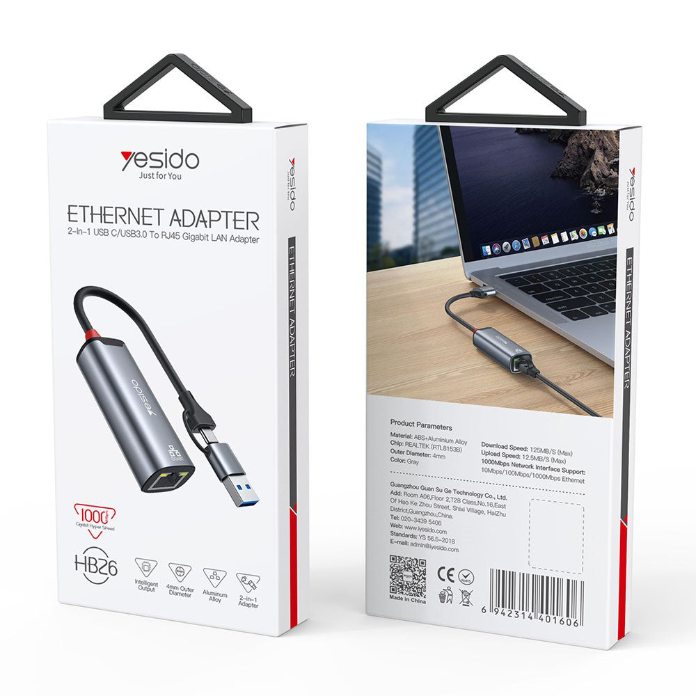 Netværkskort Yesido HB26, RJ45, USB / USB-C, Grå