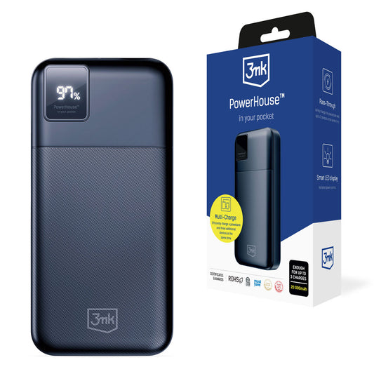 3MK PowerHouse Eksternt batteri, 20000mAh, 22,5W, QC + PD, 1 x USB-A - 1 x USB-C, Sort