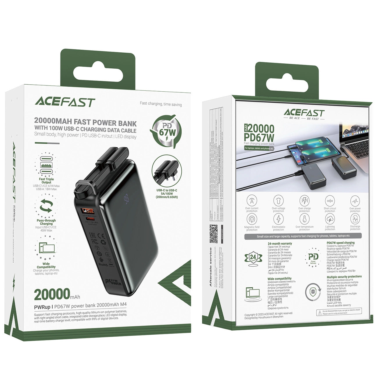 Ekstern batteri Acefast M4, 20000mAh, 67W, PD, 1 x USB-A - 2 x USB-C, Sort