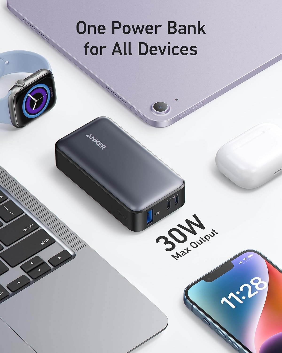 Anker 533 Eksternt batteri, 10000mAh, 30W, QC + PD, 1 x USB-A - 2 x USB-C, Sort A1256G12