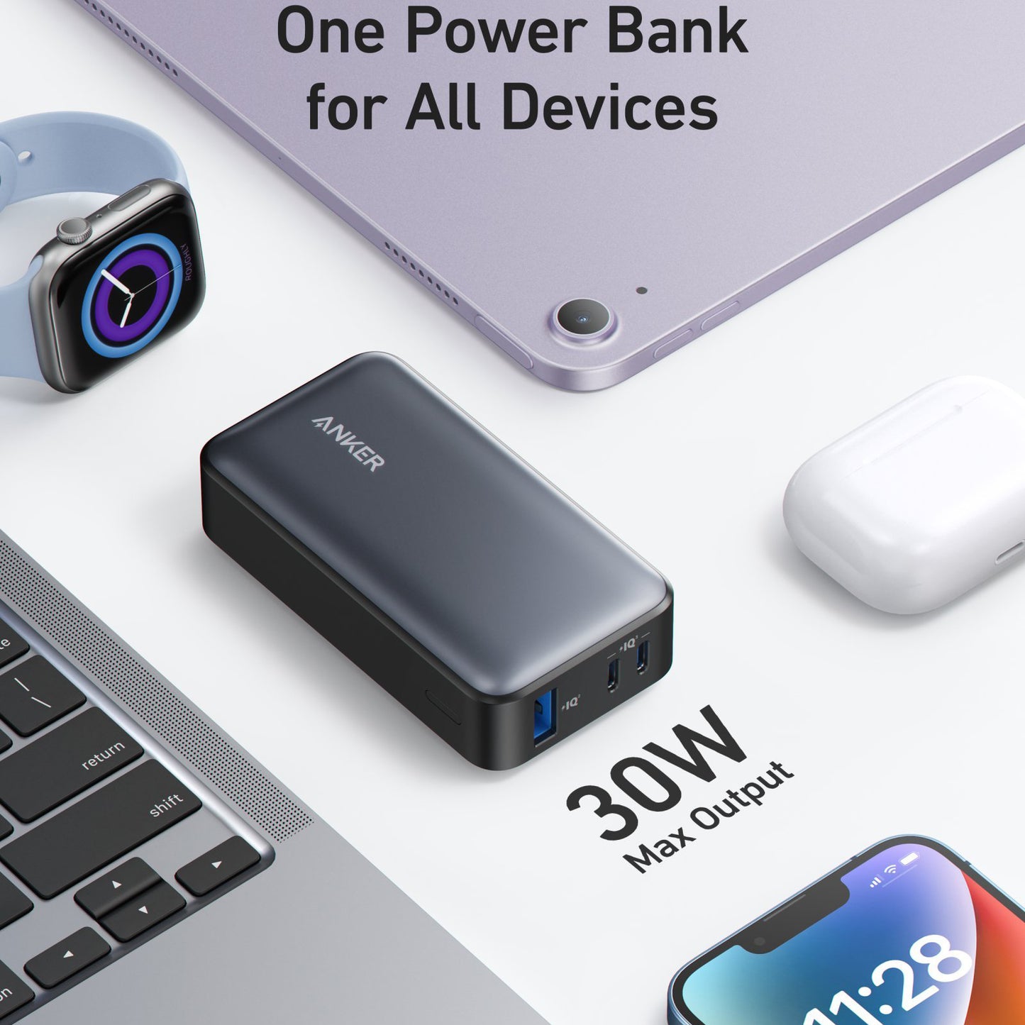 Ekstern batteri Anker 533, 10000mAh, 30W, QC + PD, 1 x USB-A - 2 x USB-C, Sort A1256G11