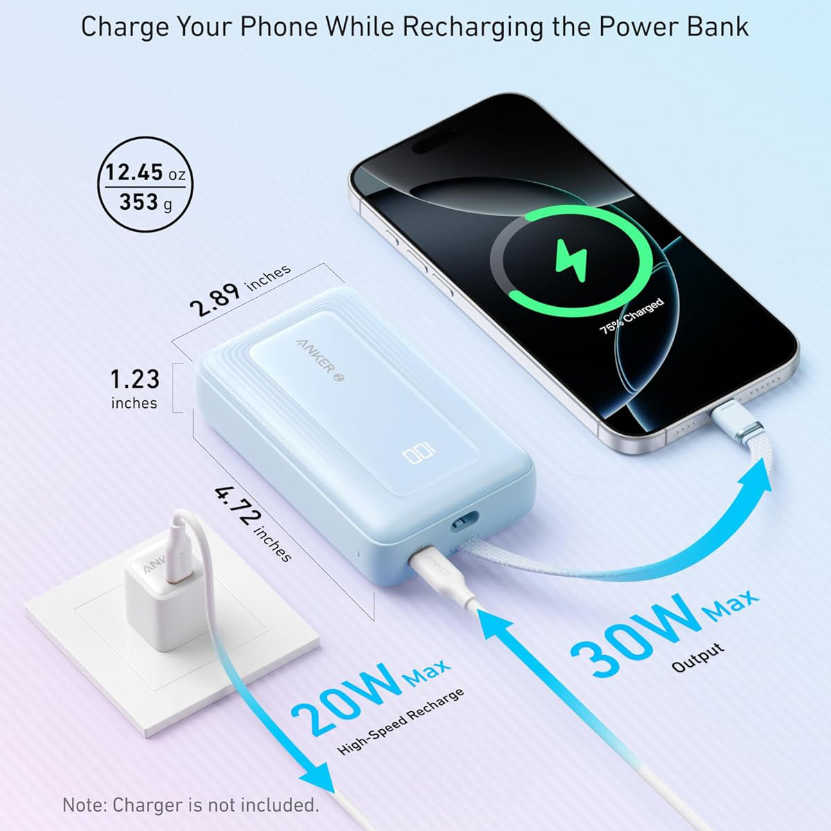 Ekstern batteri Anker Zolo, 20000mAh, 30W, QC + PD, 1 x USB-A - 2 x USB-C, Blå A1689031