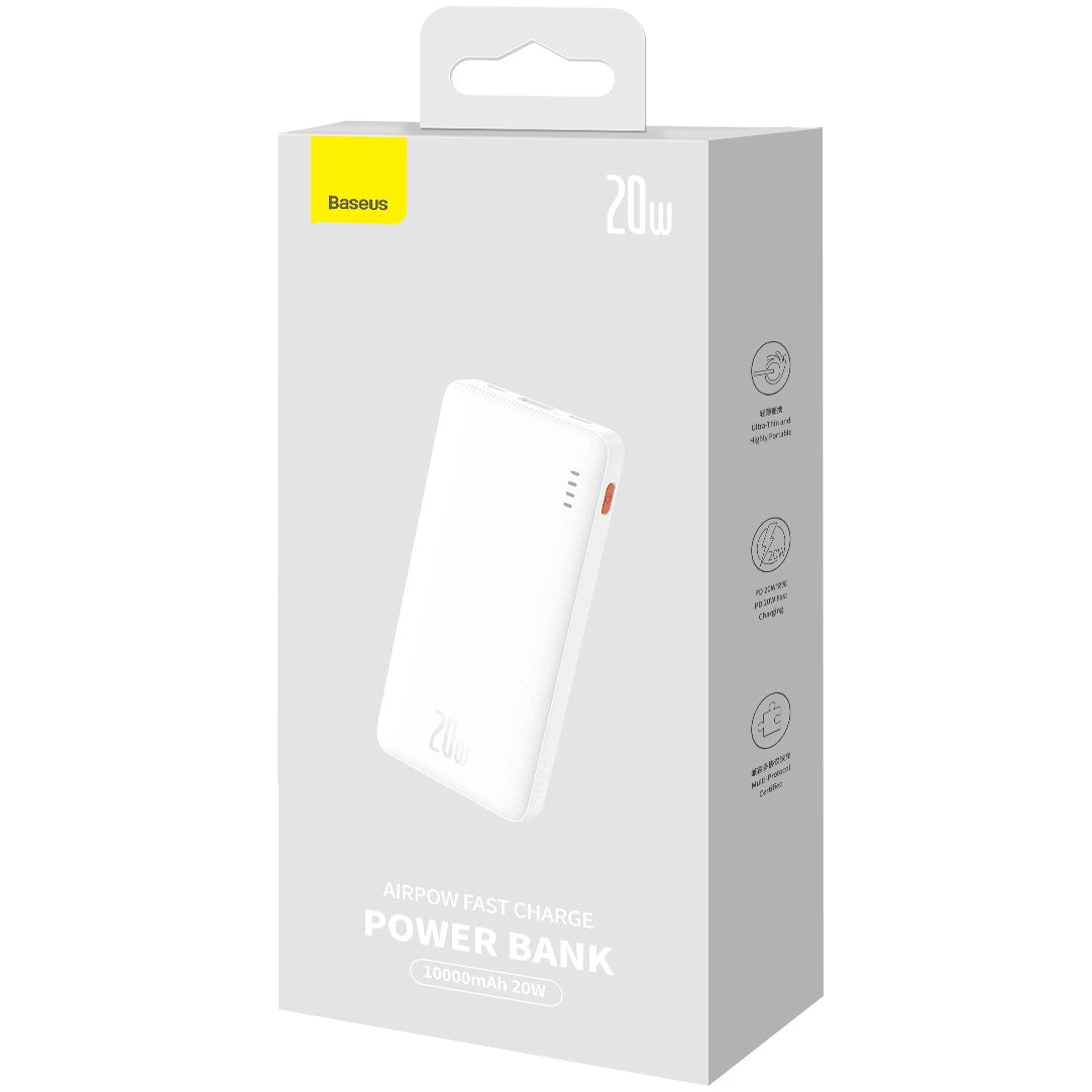 Ekstern batteri Baseus Airpow, 10000mAh, 20W, QC + PD, 1 x USB-A - 1 x USB-C, Hvid