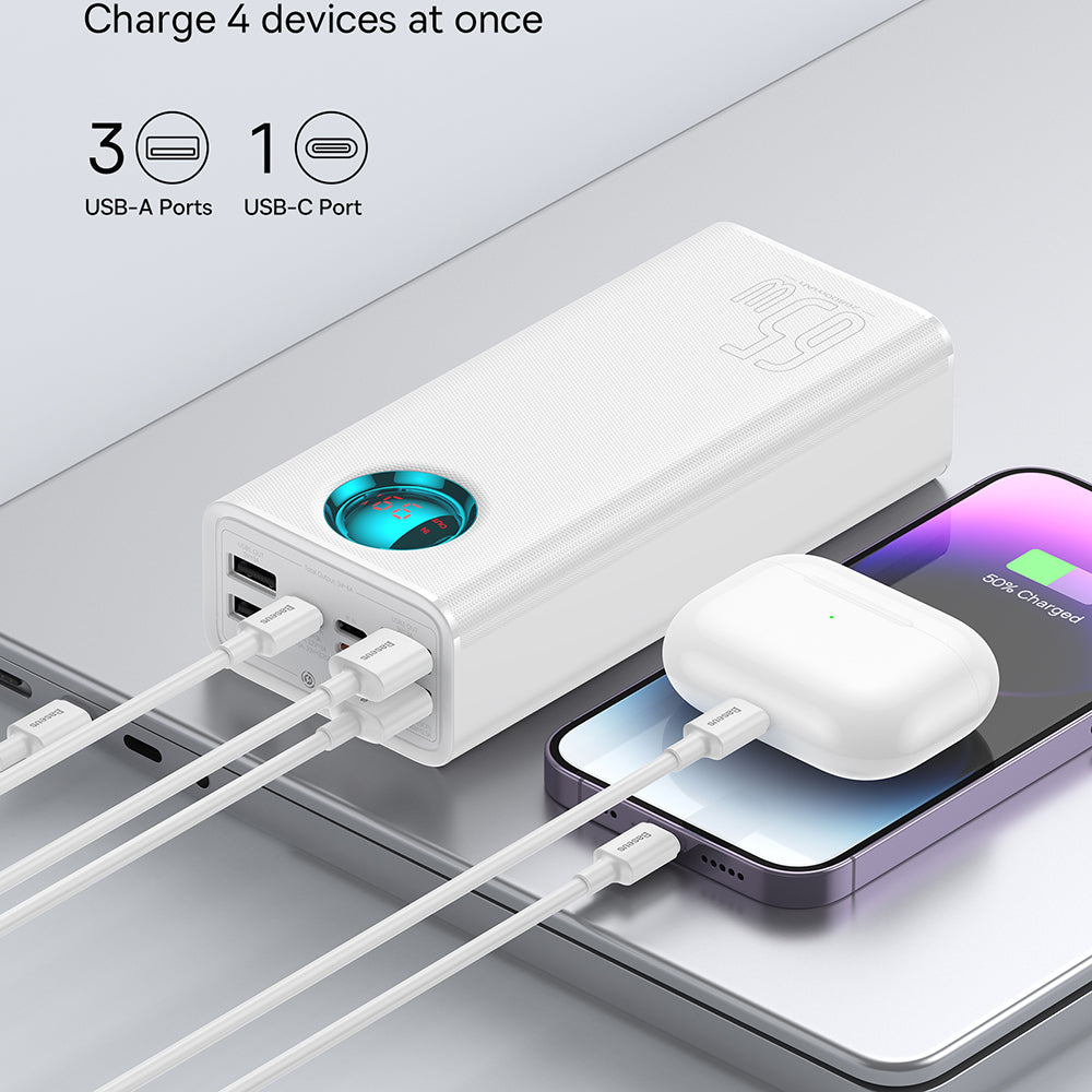 Ekstern batteri Baseus Amblight Digital Display, 26800mAh, 65W, QC + PD, 1 x USB-C - 4 x USB-A, Hvid P10022402223-00