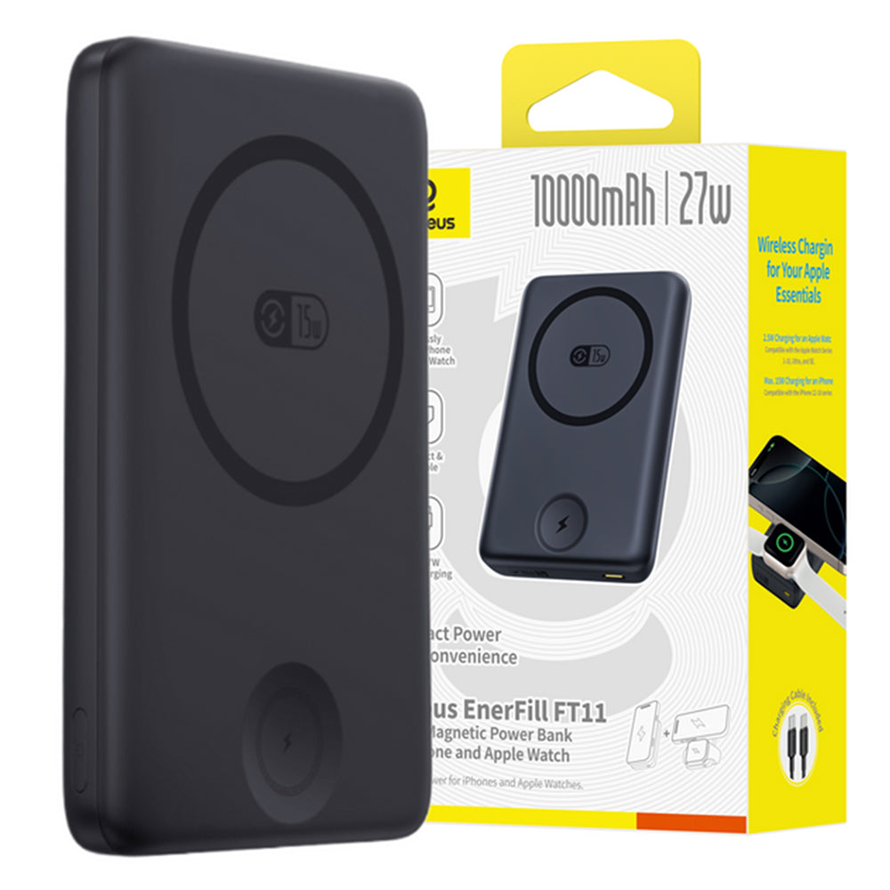Ekstern batteri Baseus Bank EnerFill FT11, 10000mAh, 27W, PD + QI + FQI, 2 x QI - 1 x USB-C, Sort P1008210G123-00