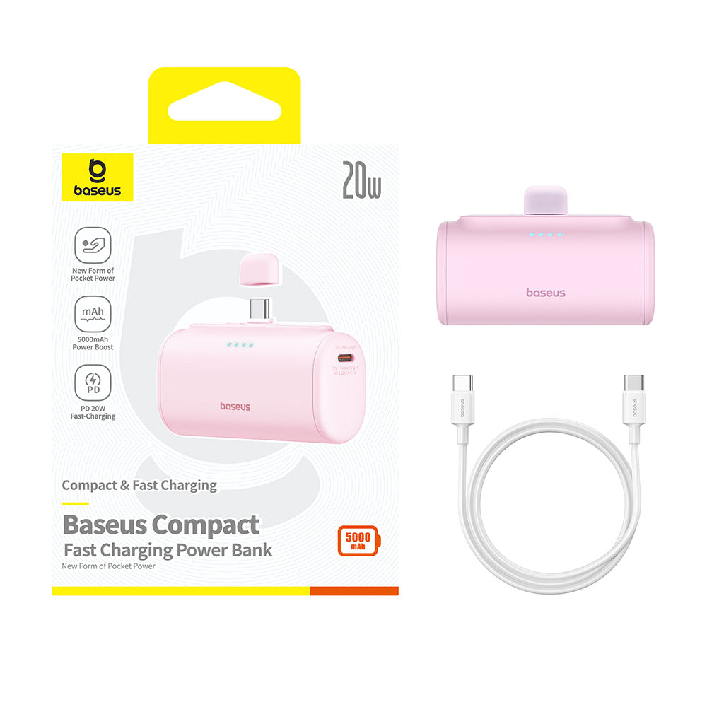 Ekstern batteri Baseus Compact, 5000mAh, 20W, PD, 2 x USB-C, Pink P10068306413-00