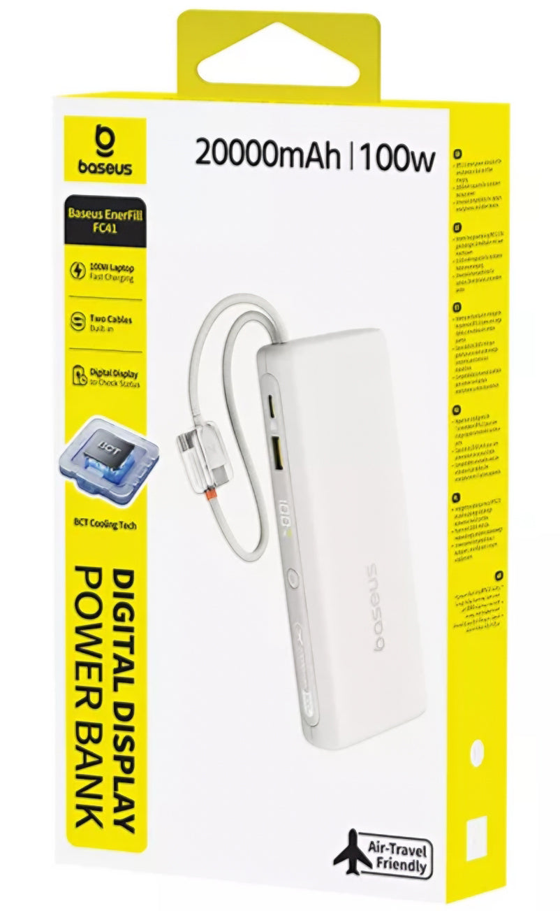 Baseus EnerFill FC41 Ekstern Batteri, 20000mAh, 100W, QC + PD, 1 x USB-A - 3 x USB-C, Hvid E0028N04