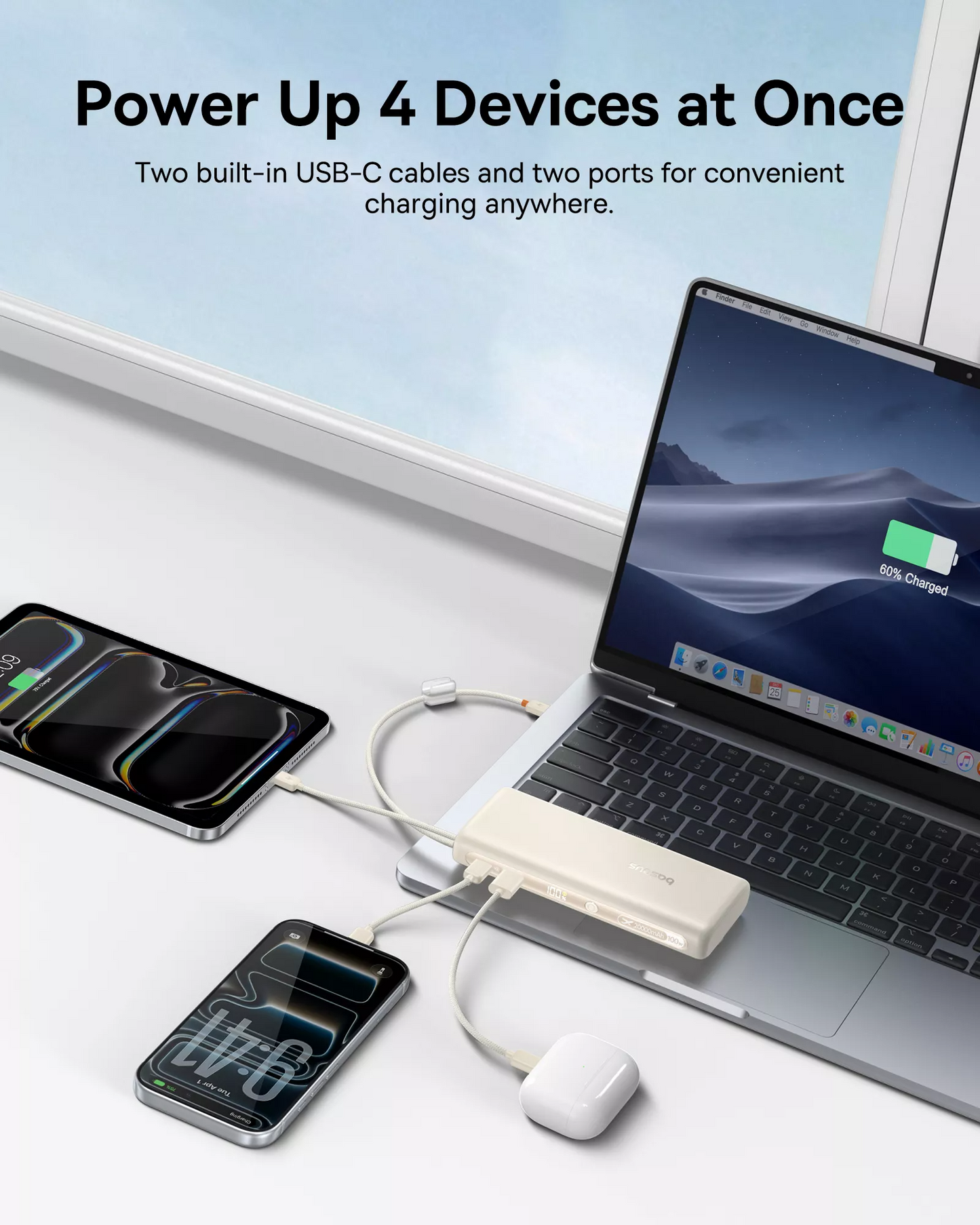 Baseus EnerFill FC41 Ekstern Batteri, 20000mAh, 100W, QC + PD, 1 x USB-A - 3 x USB-C, Hvid E0028N04
