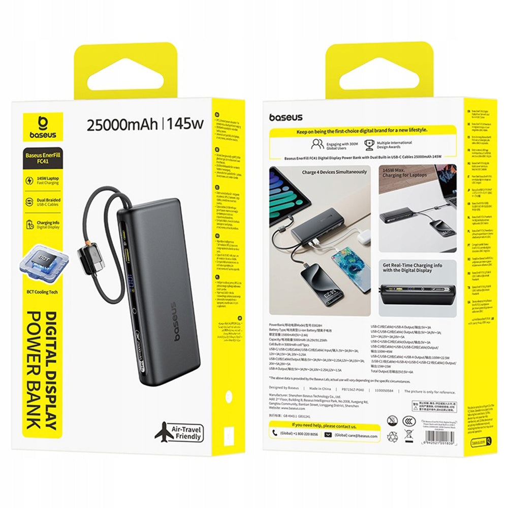 Baseus EnerFill FC41 Ekstern Batteri, 25000mAh, 145W, QC + PD, 1 x USB-A - 3 x USB-C, Sort E0028H03