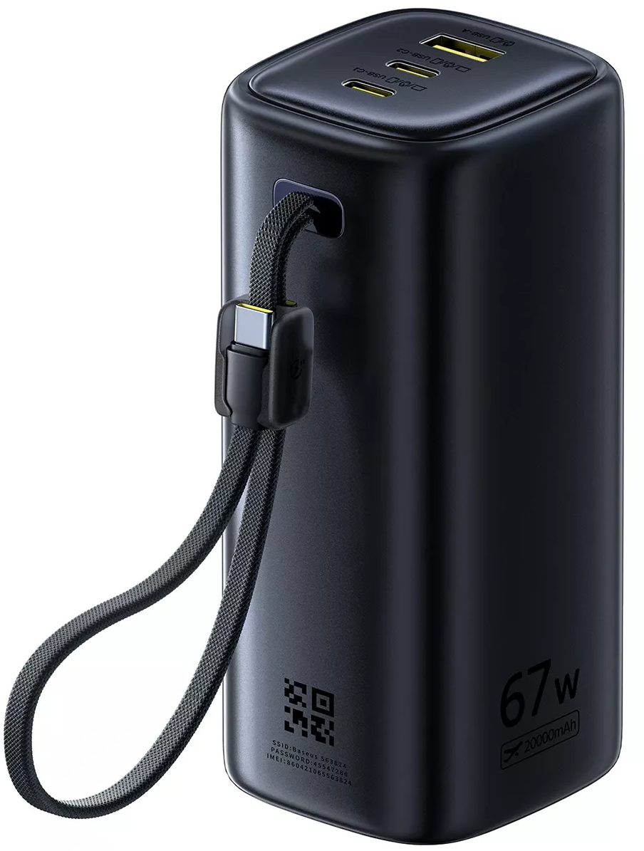 Baseus EnerGeek GX11 Ekstern Batteri, 20000mAh, 67W, QC + PD, 1 x USB-A - 2 x USB-C, Sort E0025701
