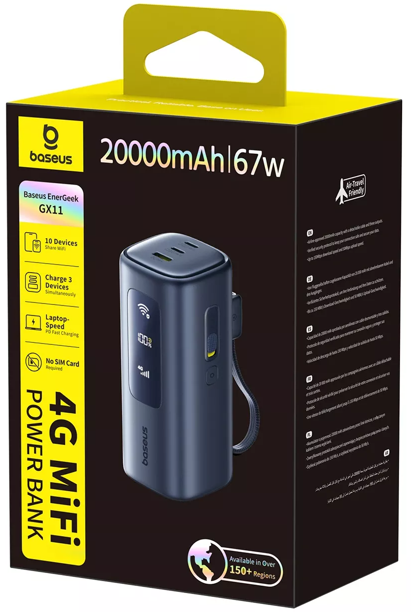 Baseus EnerGeek GX11 Ekstern Batteri, 20000mAh, 67W, QC + PD, 1 x USB-A - 2 x USB-C, Sort E0025701