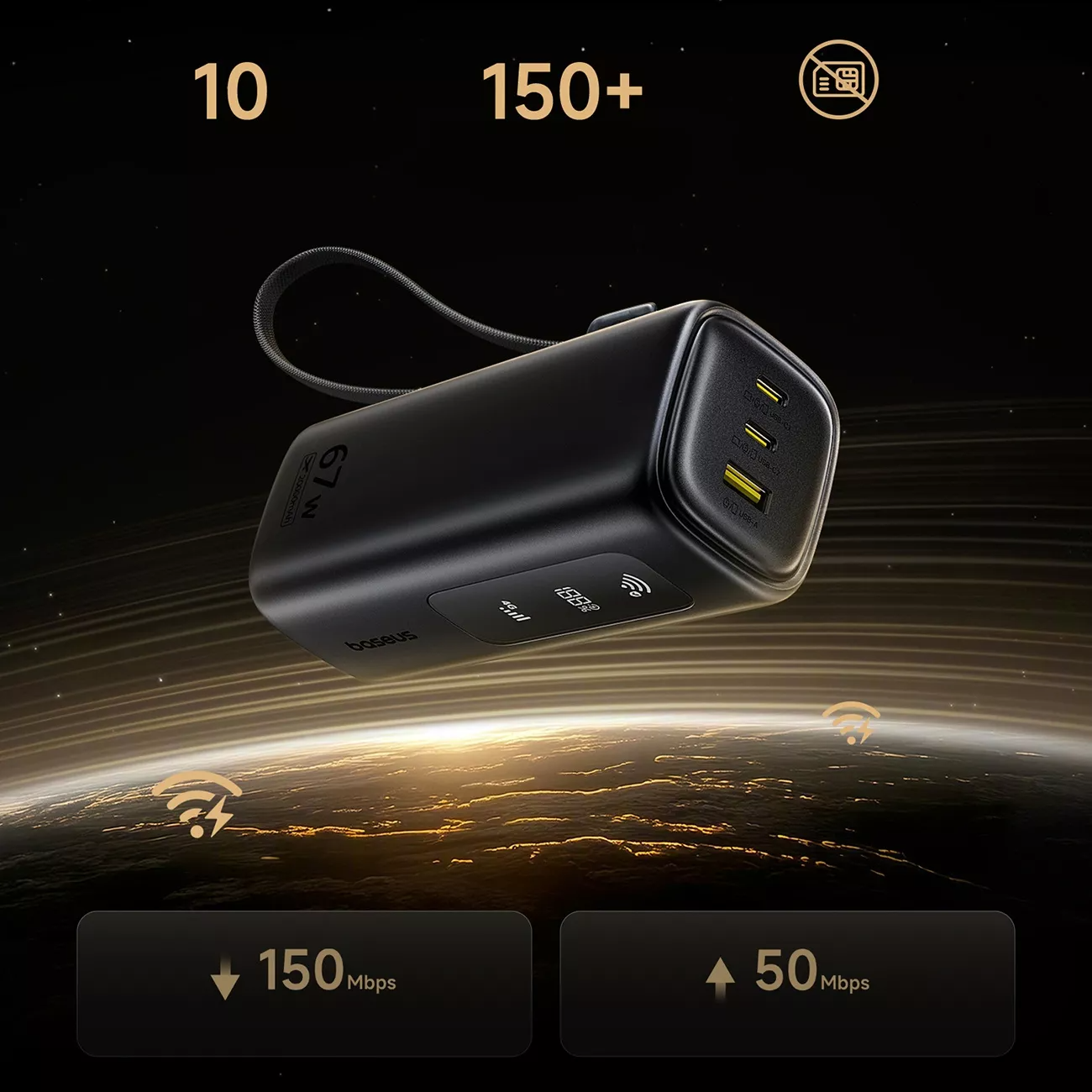 Baseus EnerGeek GX11 Ekstern Batteri, 20000mAh, 67W, QC + PD, 1 x USB-A - 2 x USB-C, Sort E0025701