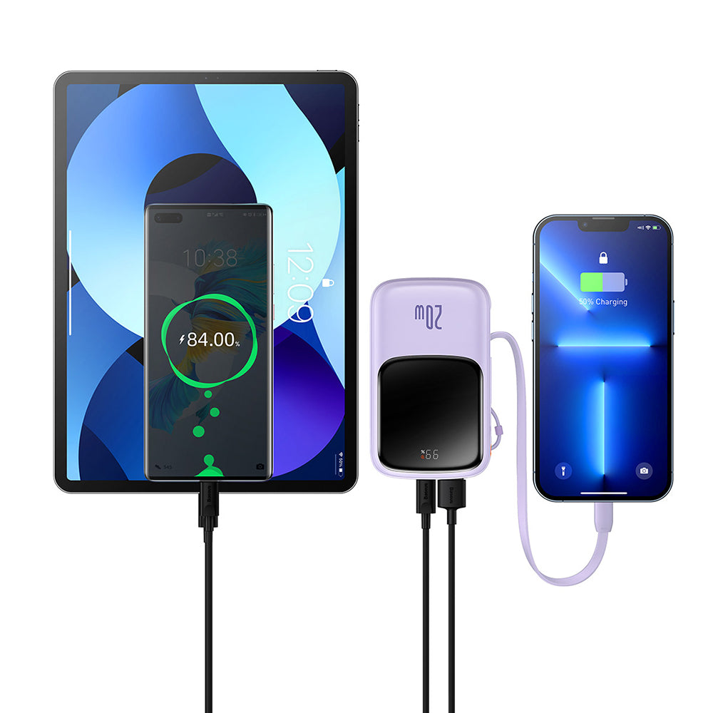 Ekstern batteri Baseus Qpow Pro, 20000mAh, 20W, QC + PD, 1 x Lightning - 1 x USB-A - 1 x USB-C, Lilla PPQD030005