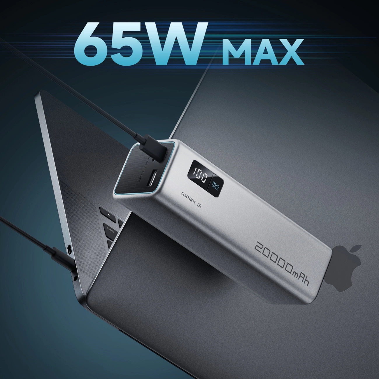 Ekstern Batteri Cuktech, 20000mAh, 100W, QC + PD, 1 x USB-A - 2 x USB-C, Grå CUKP200XGLGR