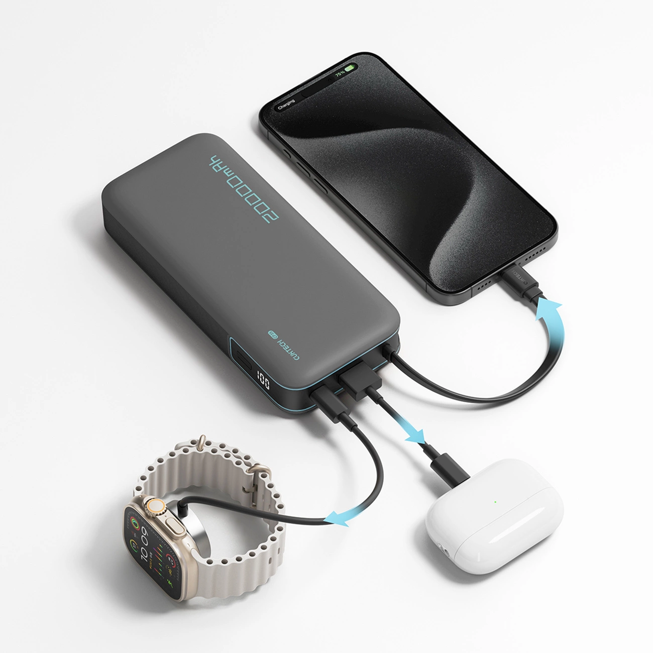 Ekstern Batteri Cuktech, 20000mAh, 55W, QC + PD, 1 x USB-A - 2 x USB-C, Grå CUKP200NGLDG