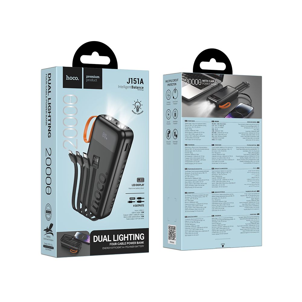 Ekstern Batteri HOCO J151A, 20000mAh, 10W, 1 x Lightning - 1 x microUSB - 1 x USB-A - 1 x USB-C, Sort