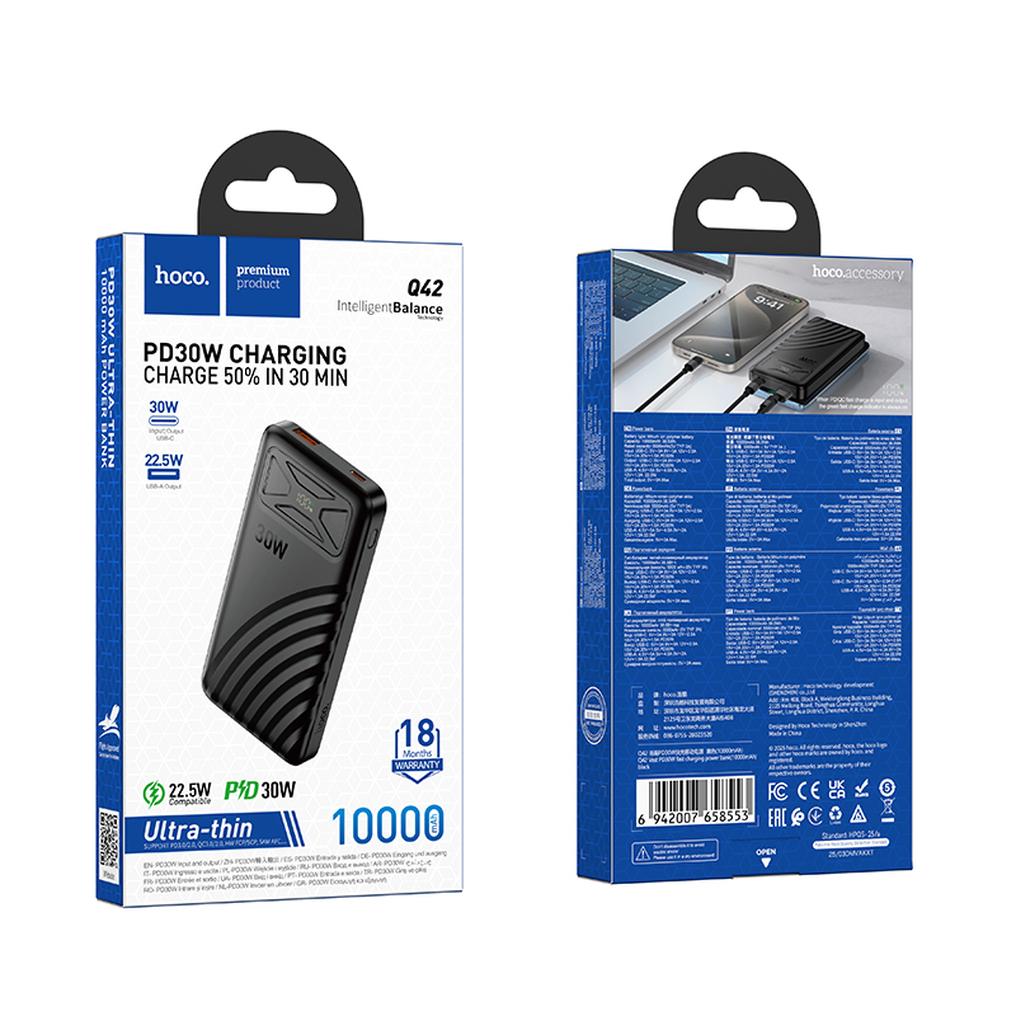 HOCO Q42 External Battery, 10000mAh, 30W, QC + PD, 1 x USB-A - 1 x USB-C, Black