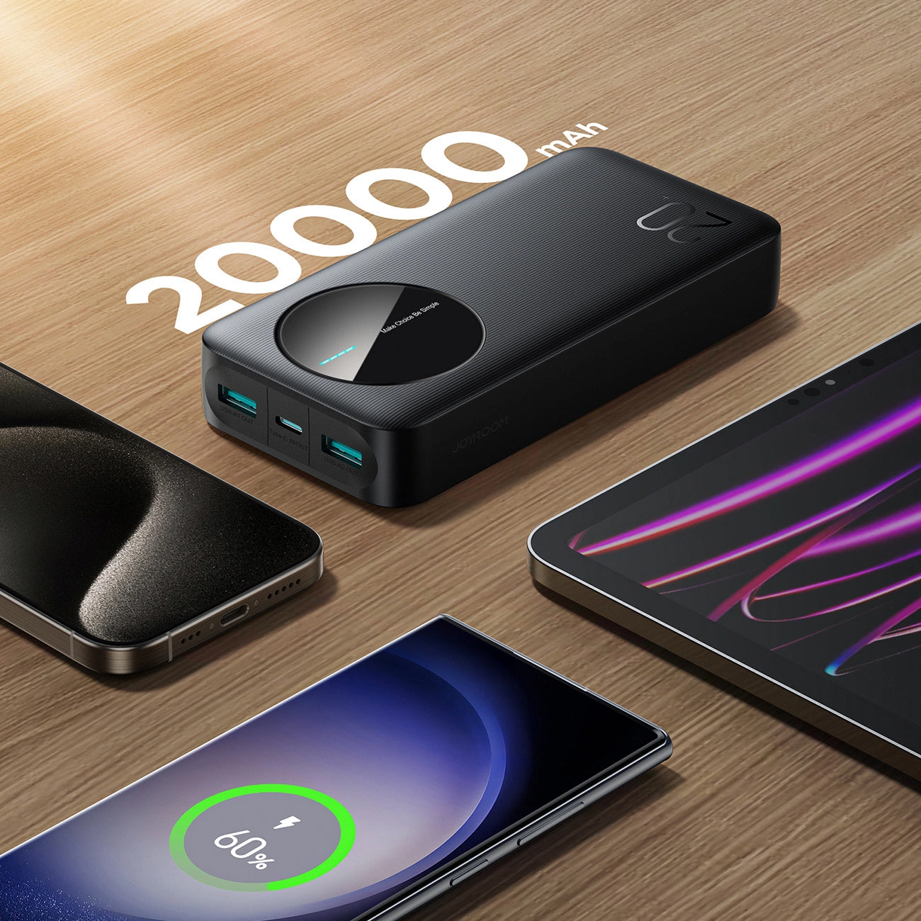 Ekstern batteri Joyroom JR-PBF14, 20000mAh, 12W, 1 x USB-C - 2 x USB-A, Sort