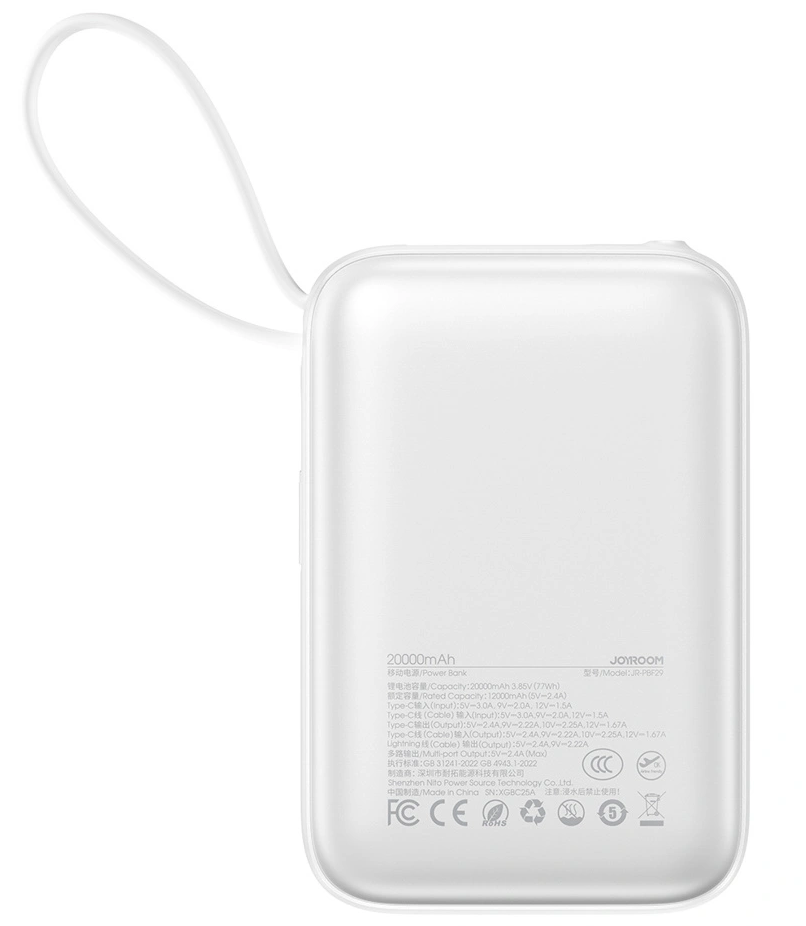 Joyroom JR-PBF29 External Battery, 20000mAh, 22.5W, QC + PD, 1 x Lightning - 2 x USB-C, White