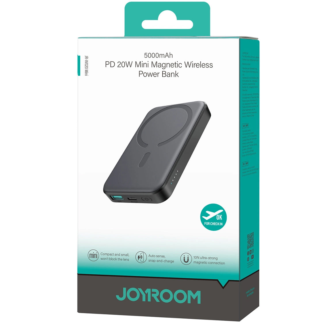 Ekstern Trådløs Batteri Joyroom JR-W020 Mini, 5000mAh, 20W, QC + PD + FQI, 1 x QI - 1 x USB-A - 1 x USB-C, Sort