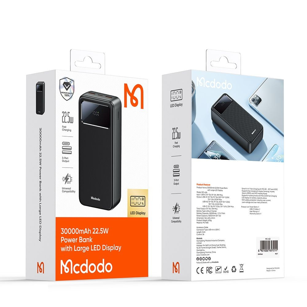Ekstern Batteri McDodo MC-4240, 30000mAh, 22.5W, QC + PD, 2 x USB-A - 1 x USB-C, Sort