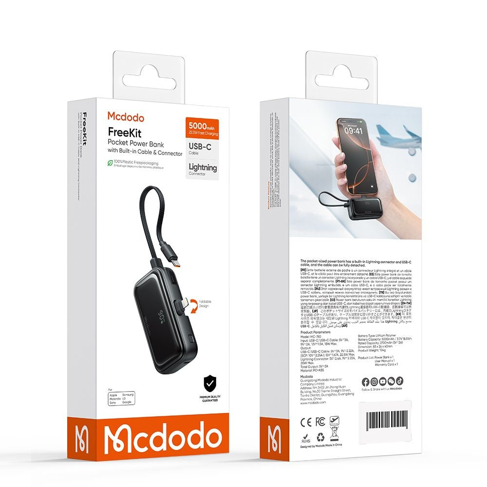 Ekstern batteri McDodo MC-7800 Freekit, 5000mAh, 22.5W, PD, 1 x Lightning - 2 x USB-C, Sort