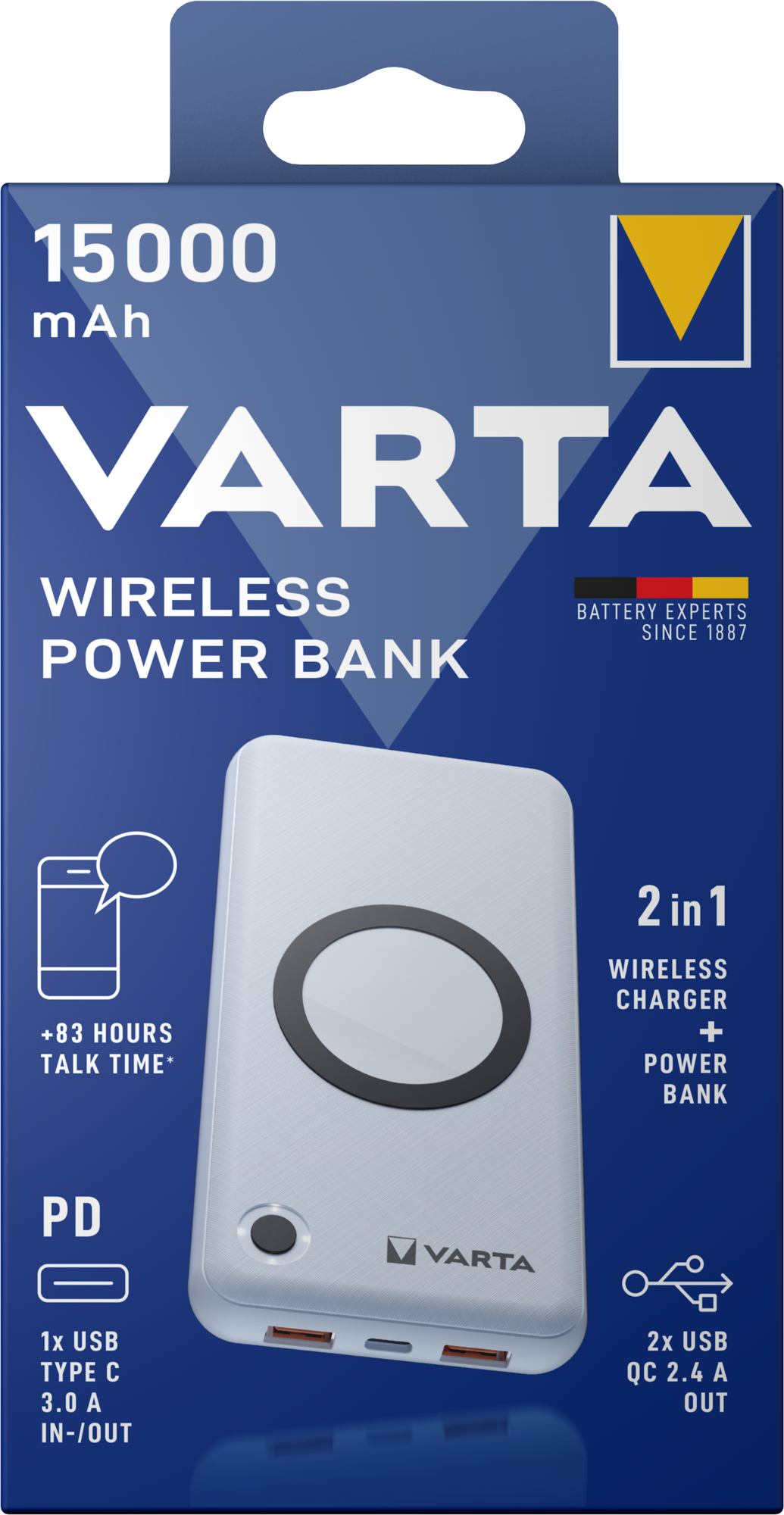 Varta Energy Eksternt trådløst batteri, 15000mAh, 18W, QC + PD + FQI, 1 x QI - 1 x USB-C - 2 x USB-A, Hvid