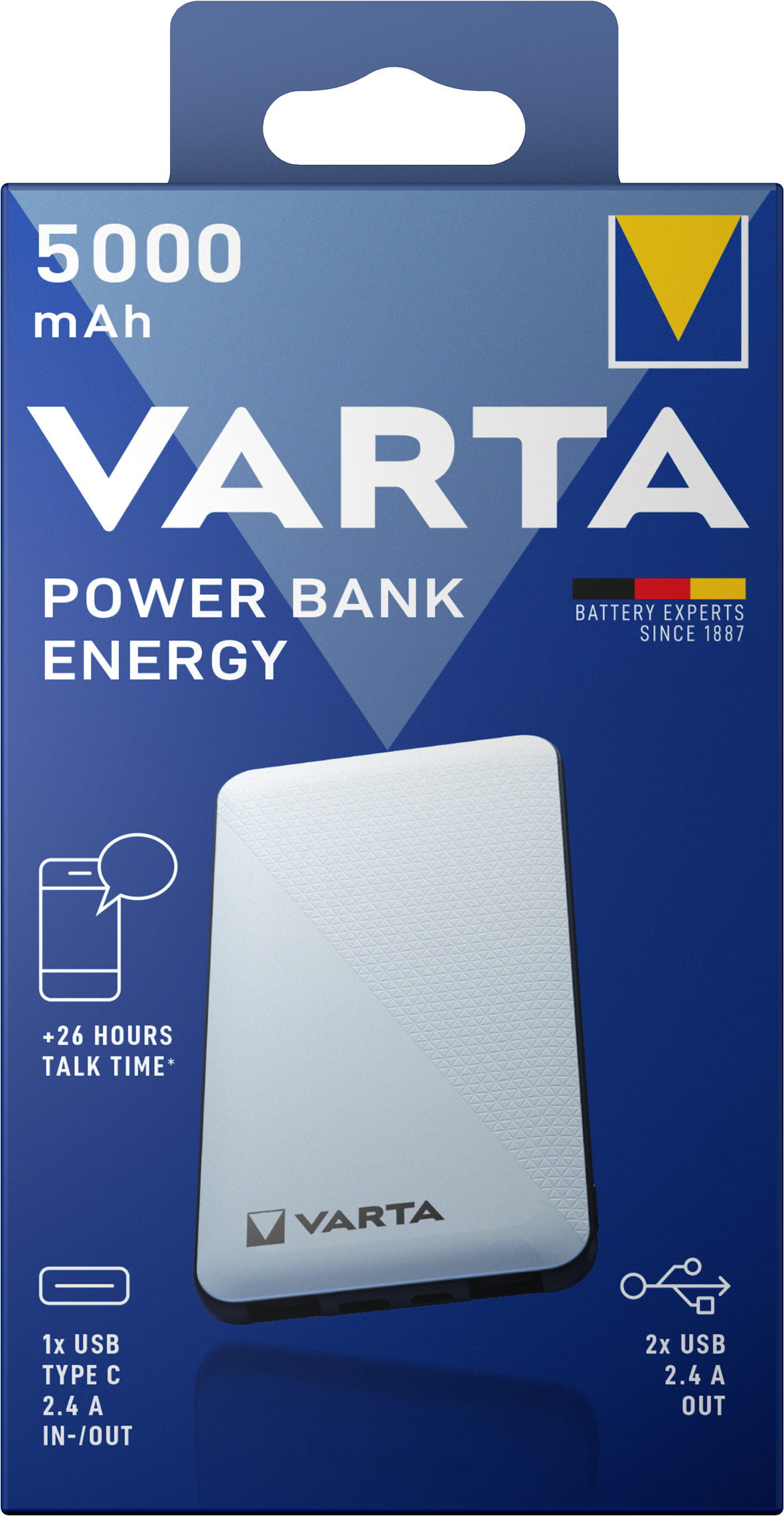 Varta Energy Eksternt batteri, 5000mAh, 15W, 2 x USB-A - 1 x USB-C, Hvid