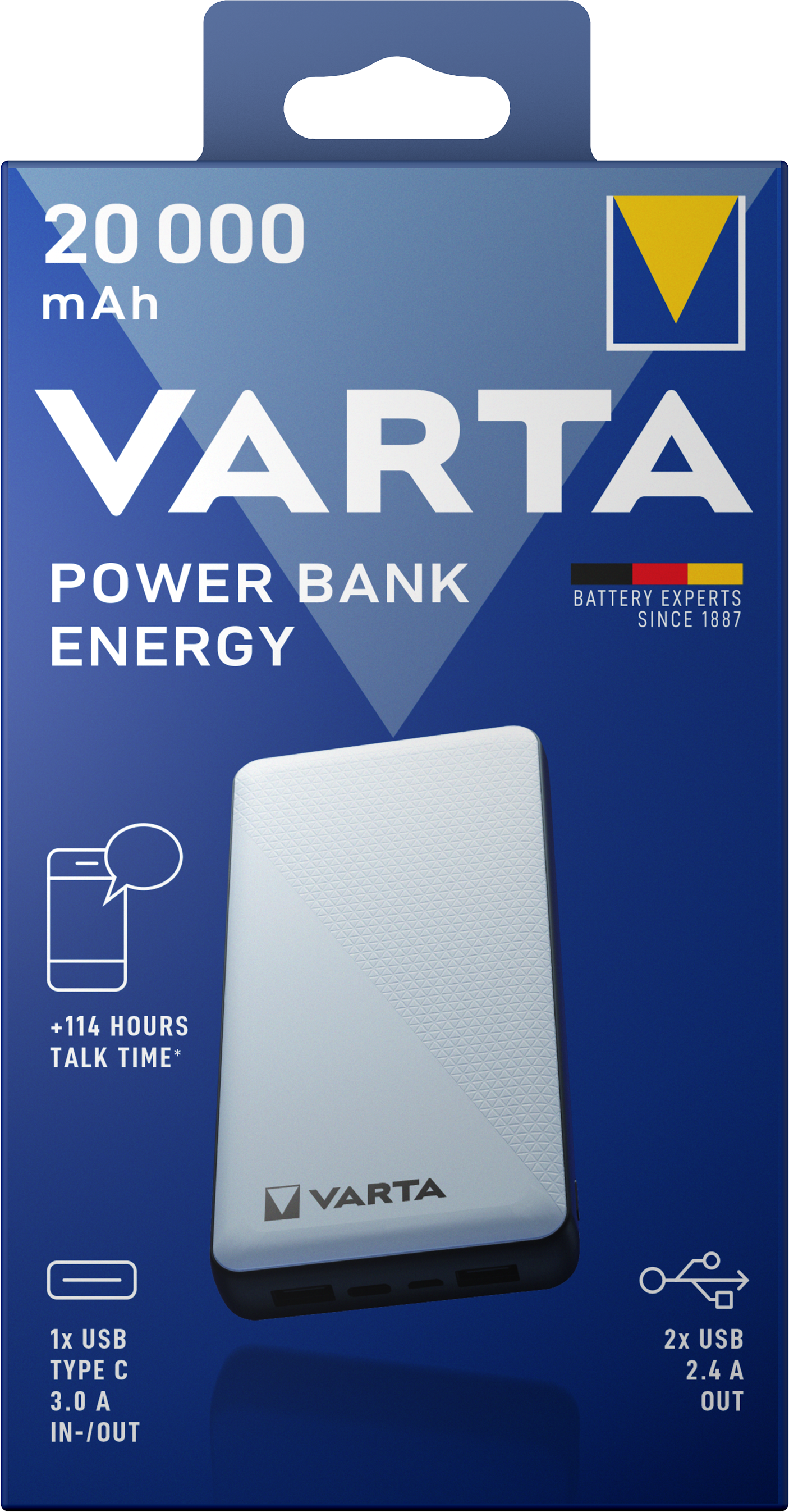 Varta Energy Eksternt batteri, 20000mAh, 15W, 2 x USB-A - 1 x USB-C, Hvid