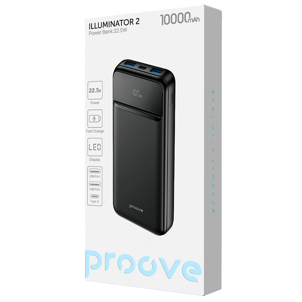Ekstern batteri Proove Illuminator 2, 10000mAh, 22.5W, QC + PD, 2 x USB-A - 1 x USB-C, Sort PBIP10212201