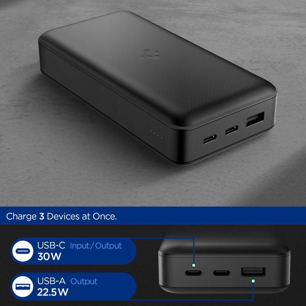 Ekstern batteri Spigen, 30000mAh, 30W, QC + PD, 1 x USB-A - 2 x USB-C, Sort