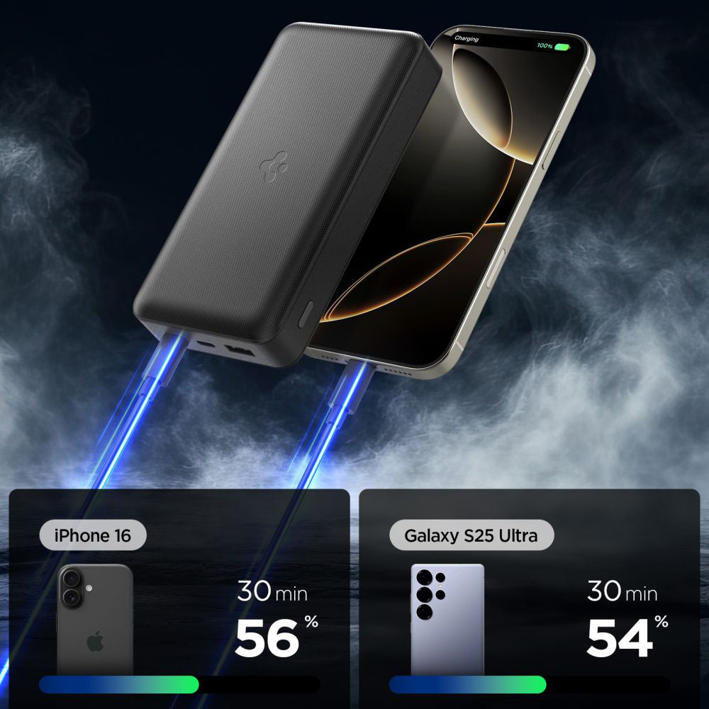 Ekstern batteri Spigen, 30000mAh, 30W, QC + PD, 1 x USB-A - 2 x USB-C, Sort