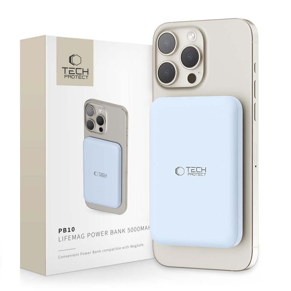 Tech-Protect PB10 LifeMag trådløst eksternt batteri, 5000mAh, 15W, PD + FQI, 1 x QI - 1 x USB-C, blå