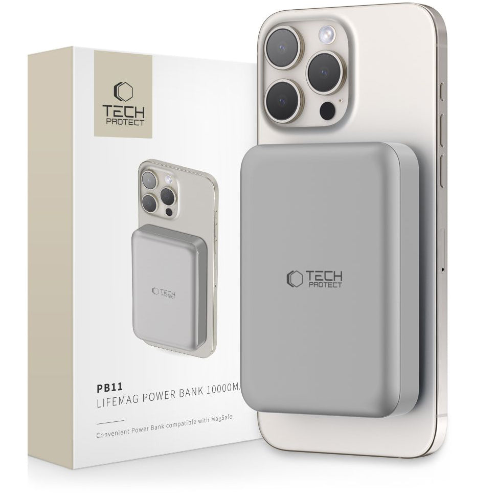 Eksternt trådløst batteri Tech-Protect PB11 LifeMag, 10000mAh, 15W, PD + FQI, 1 x QI - 1 x USB-C, grå