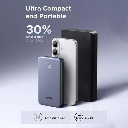 Ekstern batteri UGREEN 75131B, 10000mAh, 22.5W, QC + PD, 1 x USB-A - 1 x USB-C, Grå