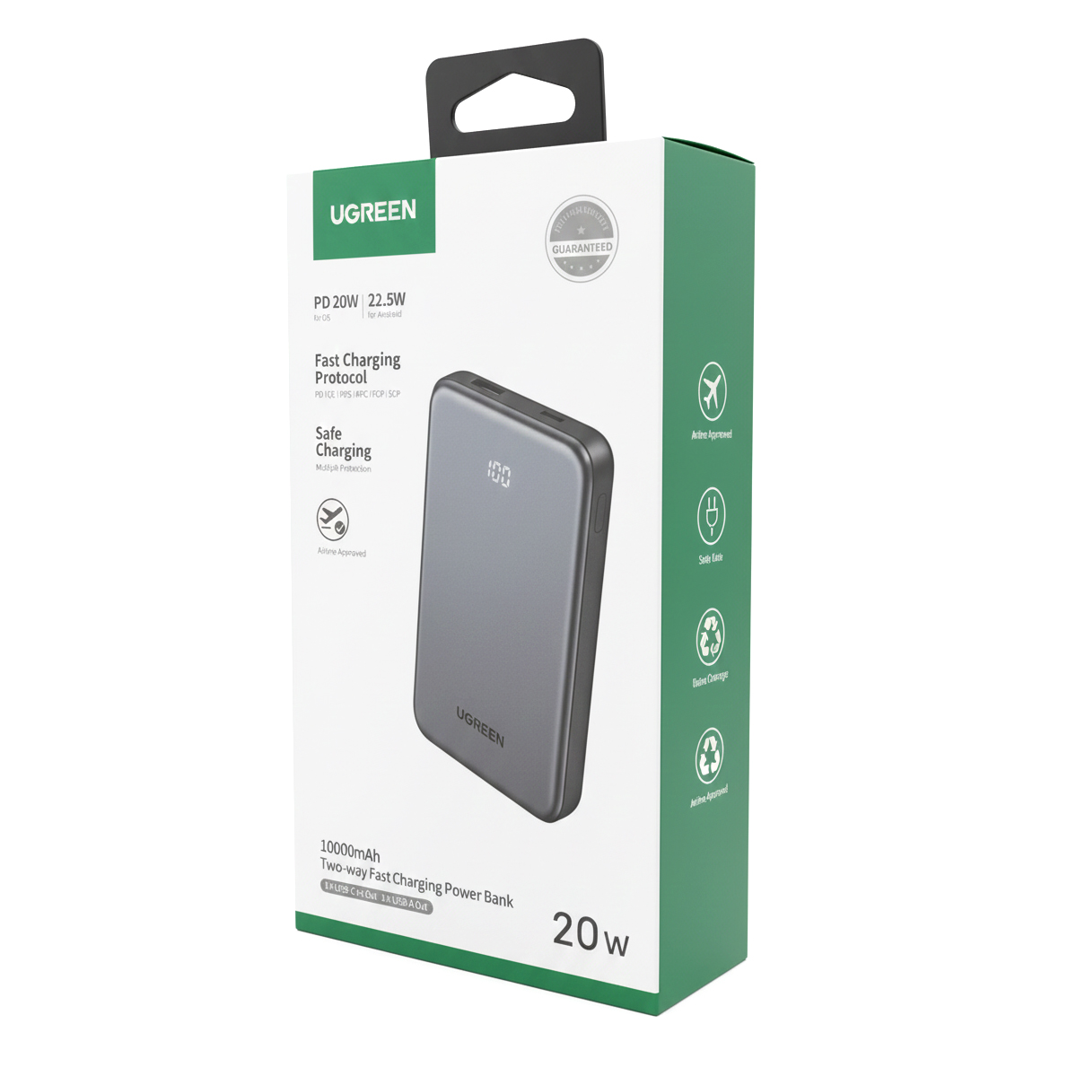 Ekstern batteri UGREEN 75131B, 10000mAh, 22.5W, QC + PD, 1 x USB-A - 1 x USB-C, Grå
