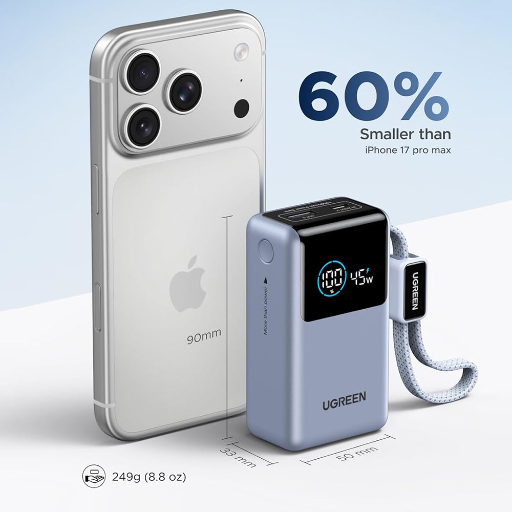 Ekstern Batteri UGREEN Nexode Pro PB727 (75701B), 10000mAh, 55W, QC + PD, 1 x USB-A - 2 x USB-C, Grå