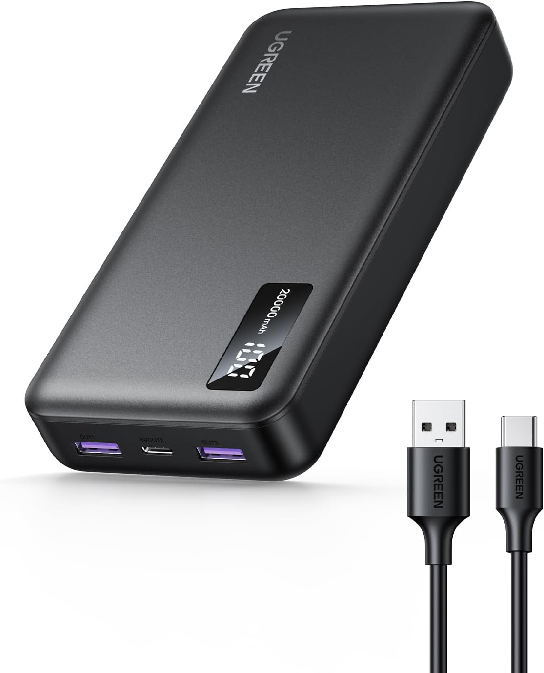 Ekstern batteri UGREEN PB312, 20000mAh, 22.5W, QC + PD, 1 x USB-C - 2 x USB-A, Sort