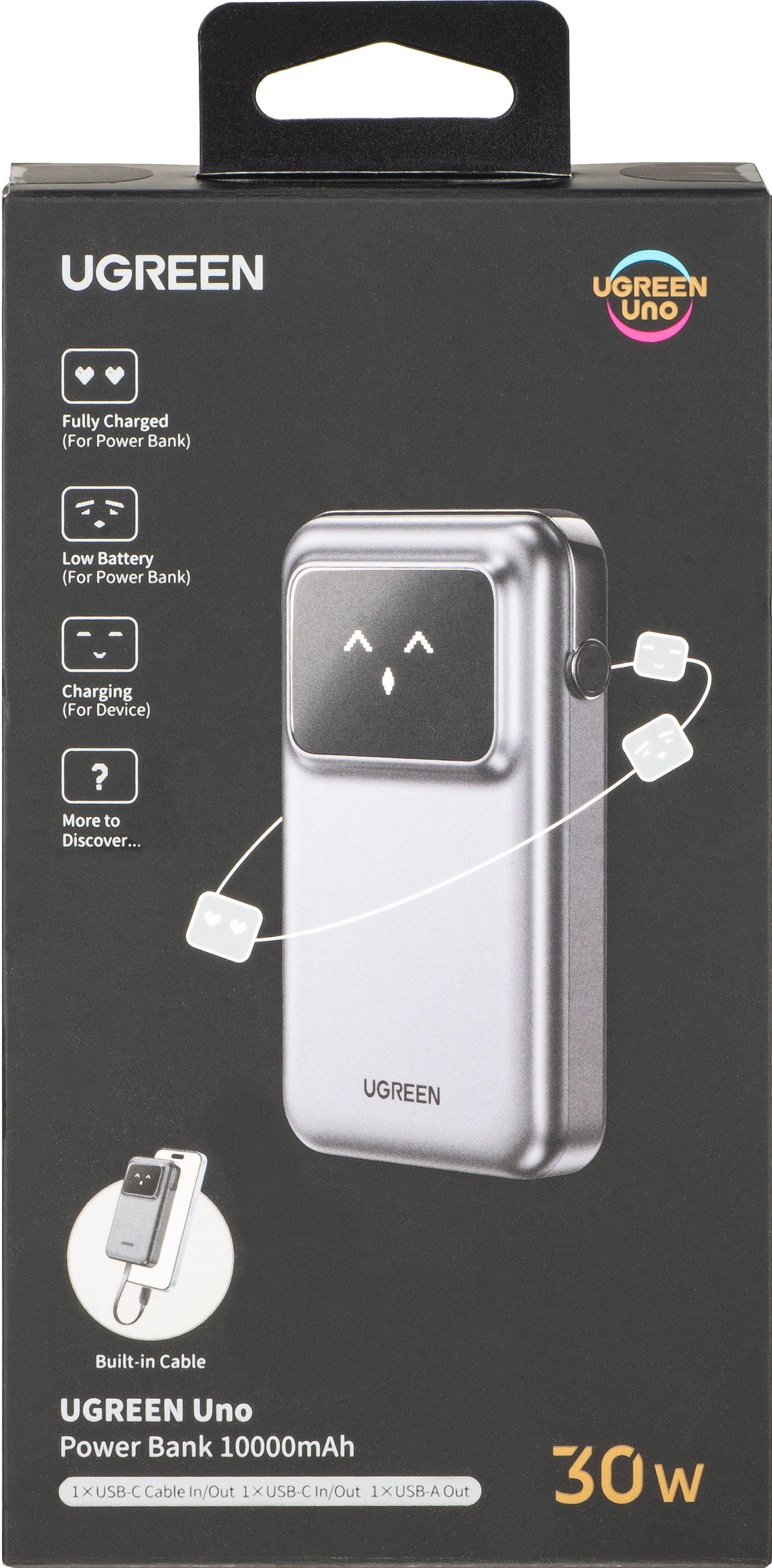 Ekstern batteri UGREEN PB511 Uno, 10000mAh, 30W, QC + PD, 1 x USB-A - 2 x USB-C, Grå