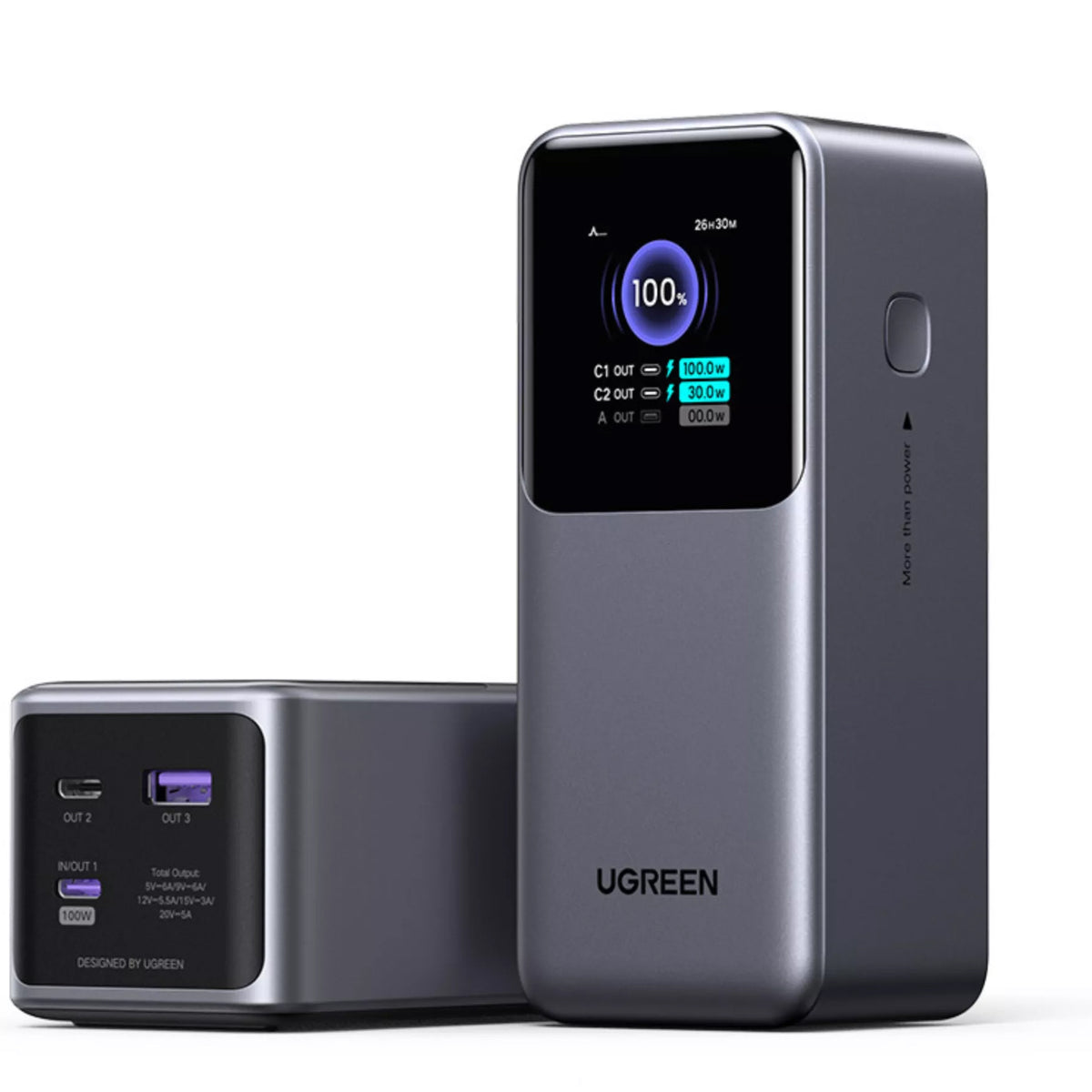 Ekstern batteri UGREEN PB721, 20000mAh, 130W, QC + PD, 1 x USB-A - 2 x USB-C, Grå